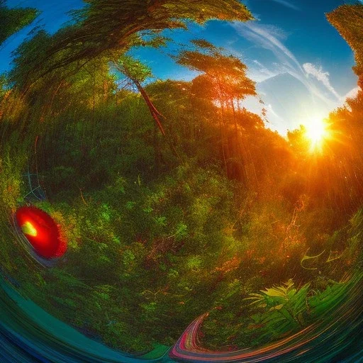 Sunset in a dense lush tropical jungle with lawn chairs, blue red and yellow. Warped. Fisheye. Bokeh. Psychedelic.