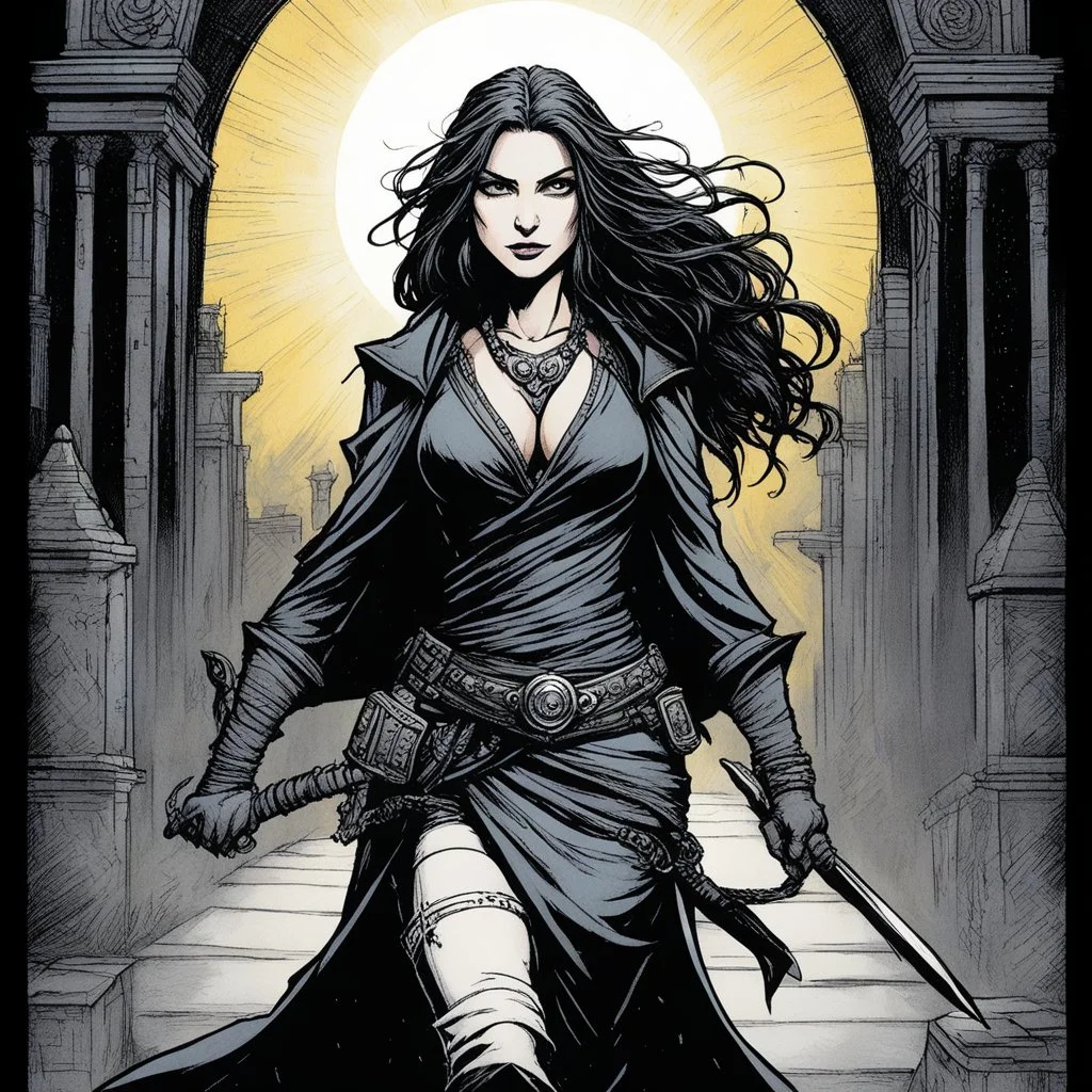 [illustration by Kevin Eastman and Peter Laird] Mona exudes an enigmatic allure that captivates all who cross her path. With an air of mystery and danger, she navigates the shadows with grace, her movements both fluid and purposeful. Her piercing gaze reveals a blend of vulnerability and fierce determination, drawing others in while keeping them at arm’s length. As a mercenary, she embodies a modern-day antihero, straddling the line between light and dark. Her unpronounceable name adds an exotic