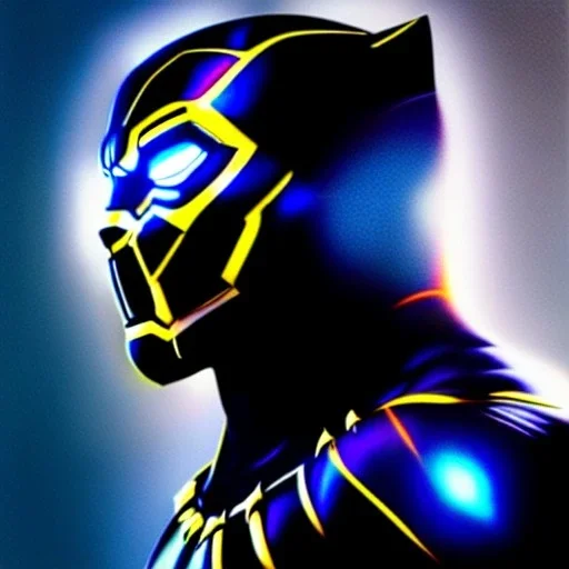 Ultra detailed fullbody Portrait in oil on canvas of black panther merges with ironman ,intense stare,extremely detailed digital painting, extremely detailed face,crystal clear Big eyes,with full head inside portrait, mystical colors ,perfectly centered image, perfect composition, rim light, beautiful lighting,masterpiece,8k, stunning scene, raytracing, anatomically correct, in the style of robert e howard and Ken Kelley and Ohrai Noriyoshi and Simon Bisley and tomzj1