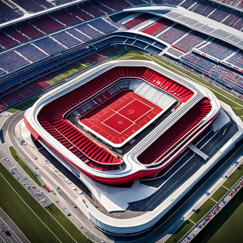 Imágen de arte lineal de un estadio de futboll, vista aérea, estlilo Zaha Hadid, calidad ultra, hiperdetallado, 8k, color rojo y blanco