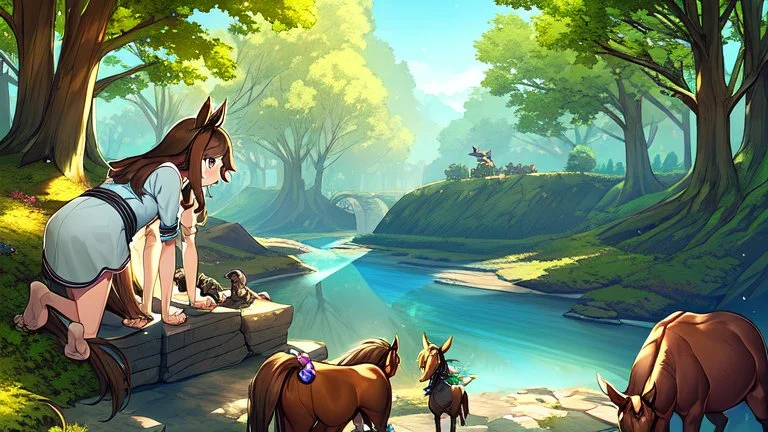 Girl, horse hoof foot, brown hair, horse hoof hand, forest, river, sit on stone, small house,stands on all fours