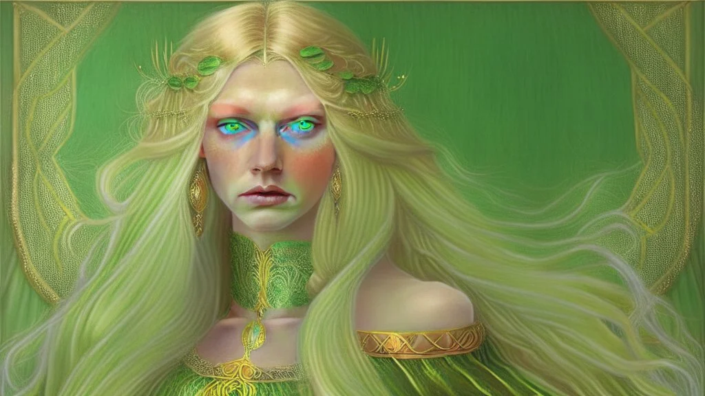A woman who had green eyes and long blond hair that she wore in elaborate coiffures. Being known as someone at the height of fashion, prior to her disappearance, she favored wearing green and golden outfits to match her physical features.