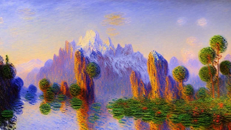 Sunny day, Distant mountains, rocky stream, claude monet impressionism painting