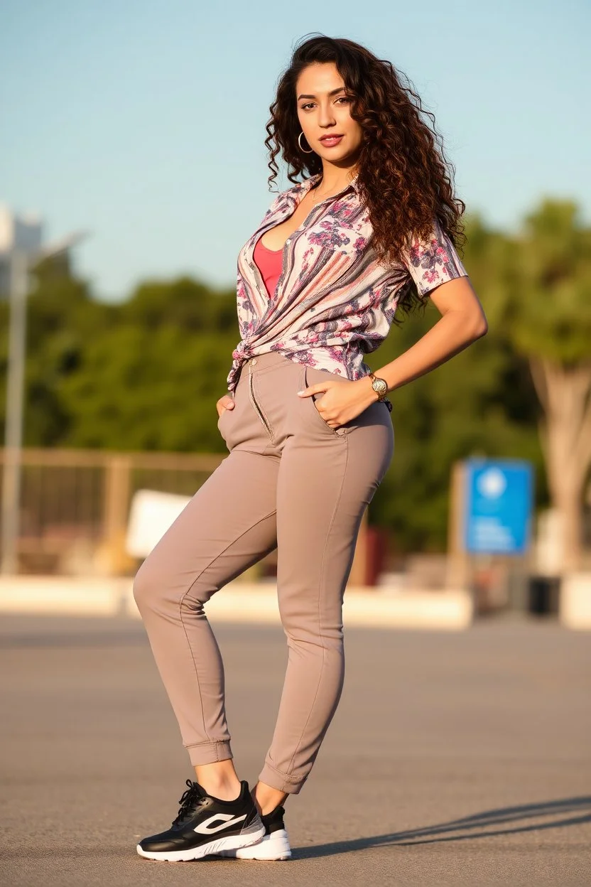 beautiful lady in pants and pretty shirt curvy long hair sport shoes standing pose