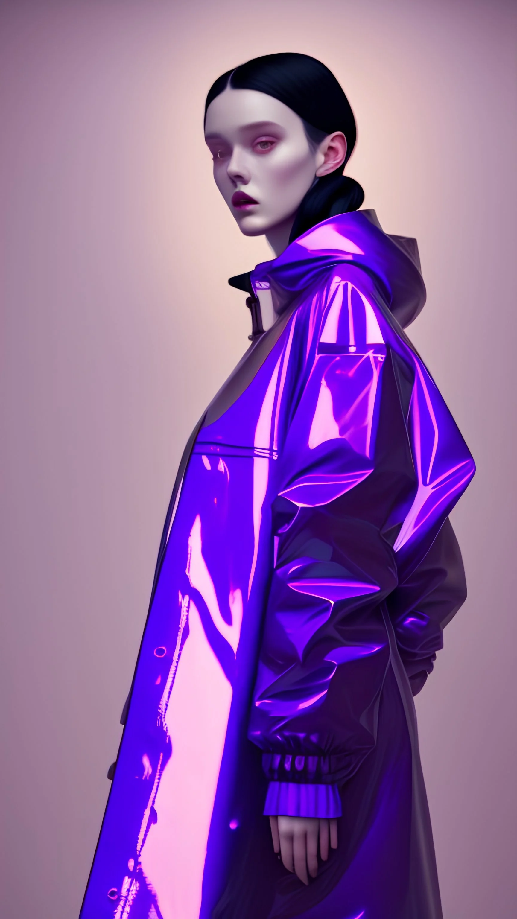 painting by koson ohara and marta bevacqua, portrait of a beautiful goth woman with long black hair, wearing a plastic raincoat, purple neon lighting, 8k, high quality, highly detailed