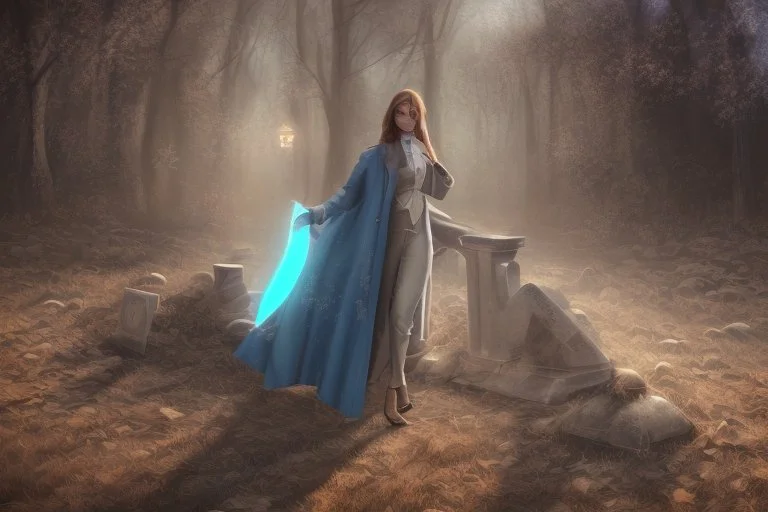 A beautiful light brown-haired, light-skinned woman in an elegant blue suit, graveyard and clocks highly detailed digital painting elegant very attractive beautiful award winning fantastic view crisp quality very cute acrylic art in the sunlight