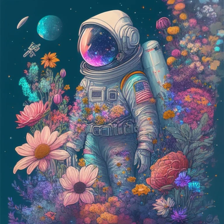 "floral astronaut" hand-drawn digital art, flowers everywhere, colorful garden, beautiful galaxy, REALISTIC, anime, 4k, high resolution, full details, 2560x1600