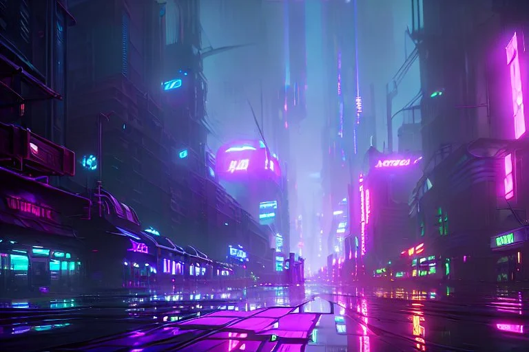 Cyberpunk district with giant foggy skyscarpers, cars, FoV: 100, HD, Unreal Engine 4, heavy rain, rainy streets reflection, neon signs, low contrast, grainy, less color, titanfall,