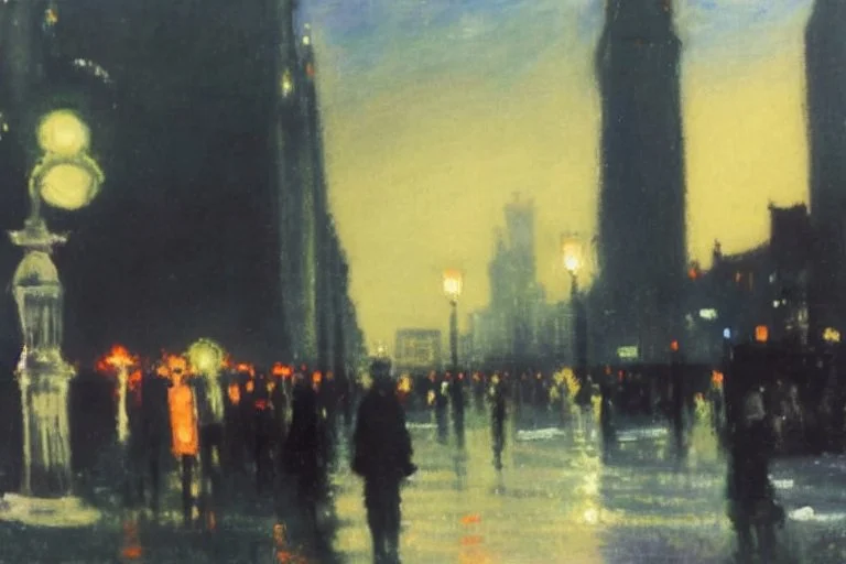 City, people, street, street lights, city lights, distant city, philip wilson steer impressionism painting