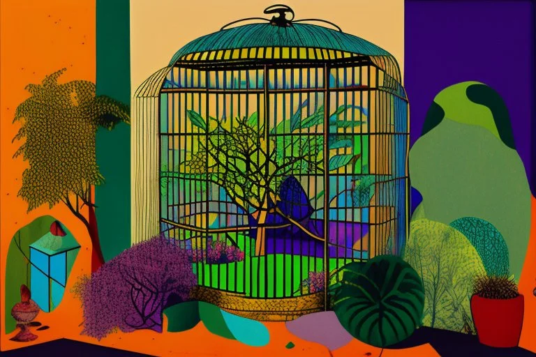 steal dirty cage inside is a garden of eden lit dimly in the style of Eileen Agar