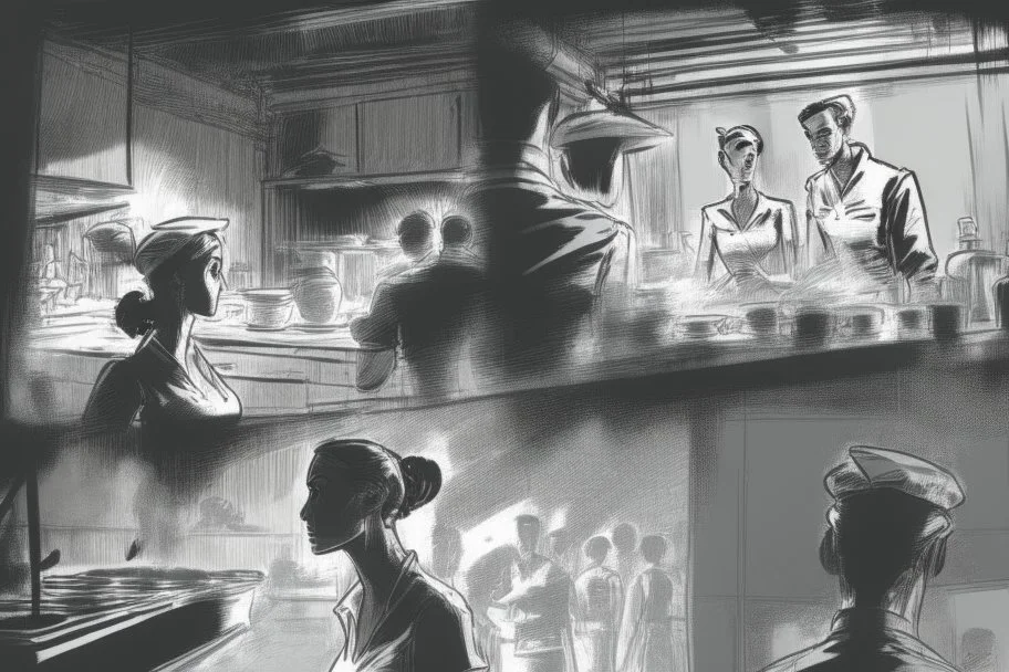 black and white storyboard, couple on foreground, we don t see them well because they are close to the camera but between them in the middle we see 3 chefs, scattered throughout the kitchen cooking, frying, cutting