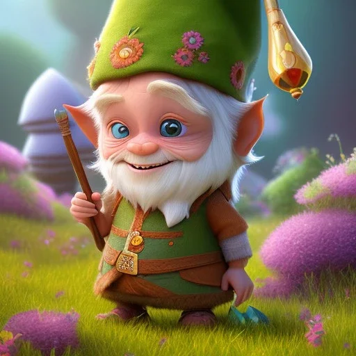 Ultra detailed fullbody Portrait perfectly centered image, of gnome Dopey,Pixar style desney style,magnificent, wildflowers background, intricate, masterpiece, expert, insanely detailed, 4k resolution, cute big circular reflective eyes, cinematic smooth, intricate detail , soft smooth lighting, soft pastel colors, painted Rena