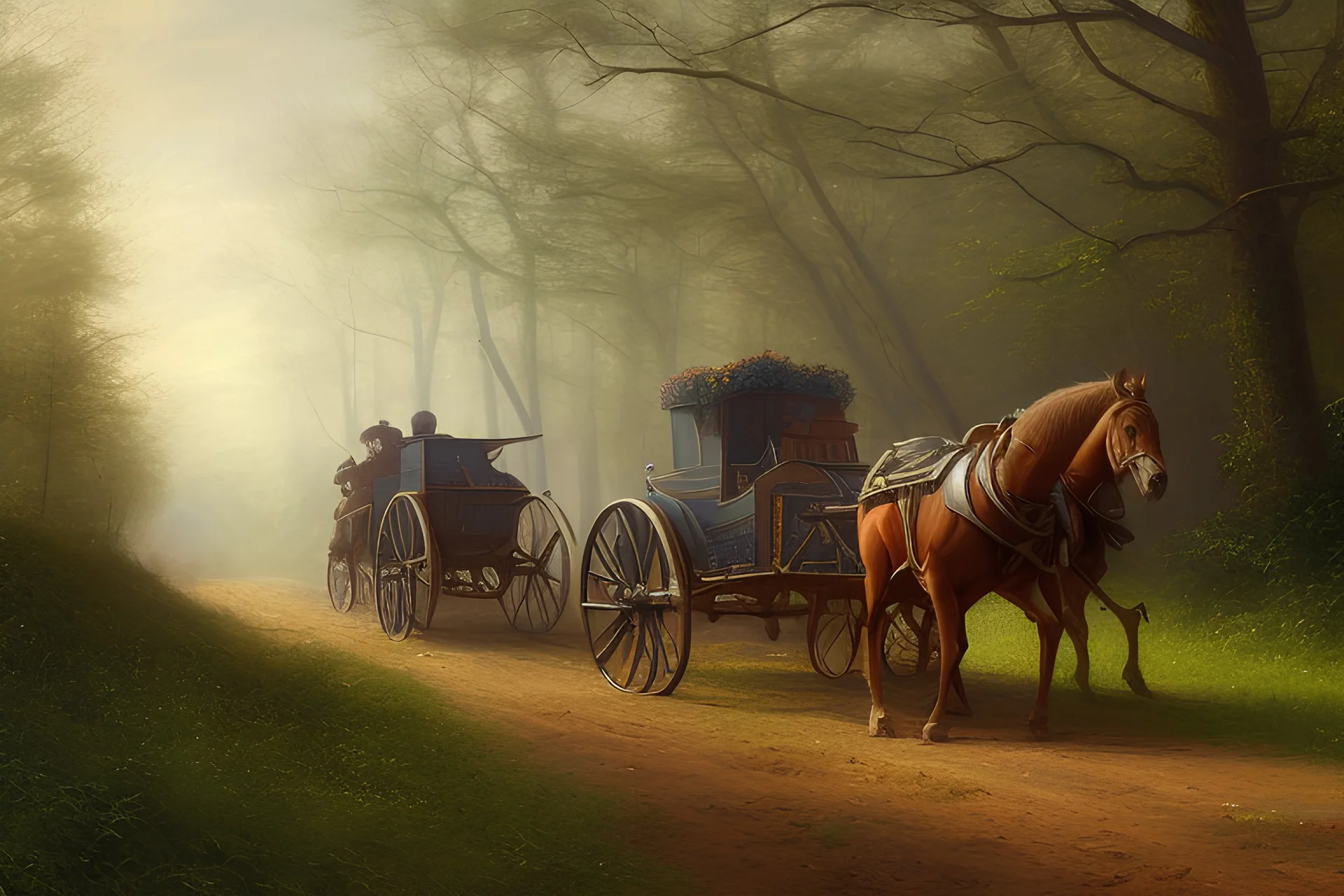 Peder Monk Monsted style, one horse drawn carriage, forest dirt road,