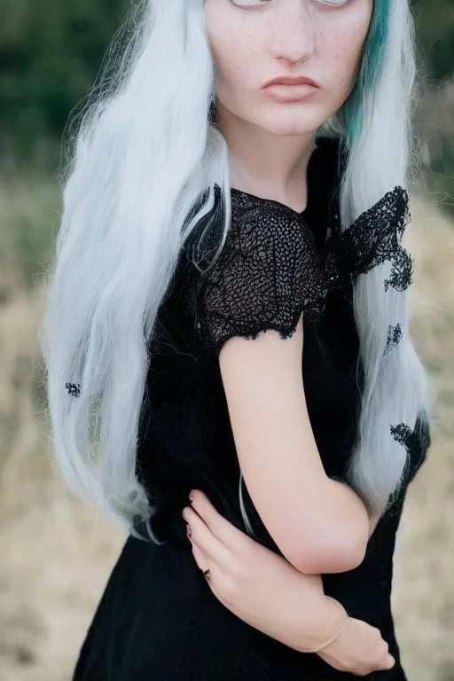 A beautiful young woman with long white hair and blue eyes, pale skin with opal freckles. Wearing a black dress