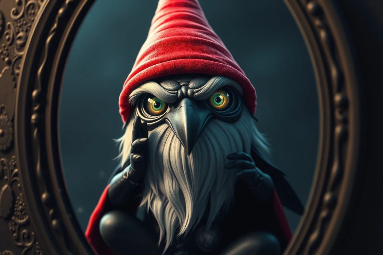 shiny yoga crow gnome kuotoa thief fat vampire semi transparent eyes in front of mirror