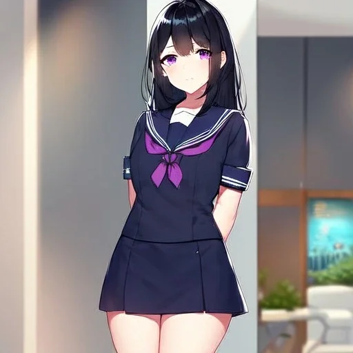 Clear focus, High resolution, Long fluffy black hair, Purple eyes, Wearing a sailor uniform, must be wearing a short skirt, 2 puffy big tails hanging behind her back