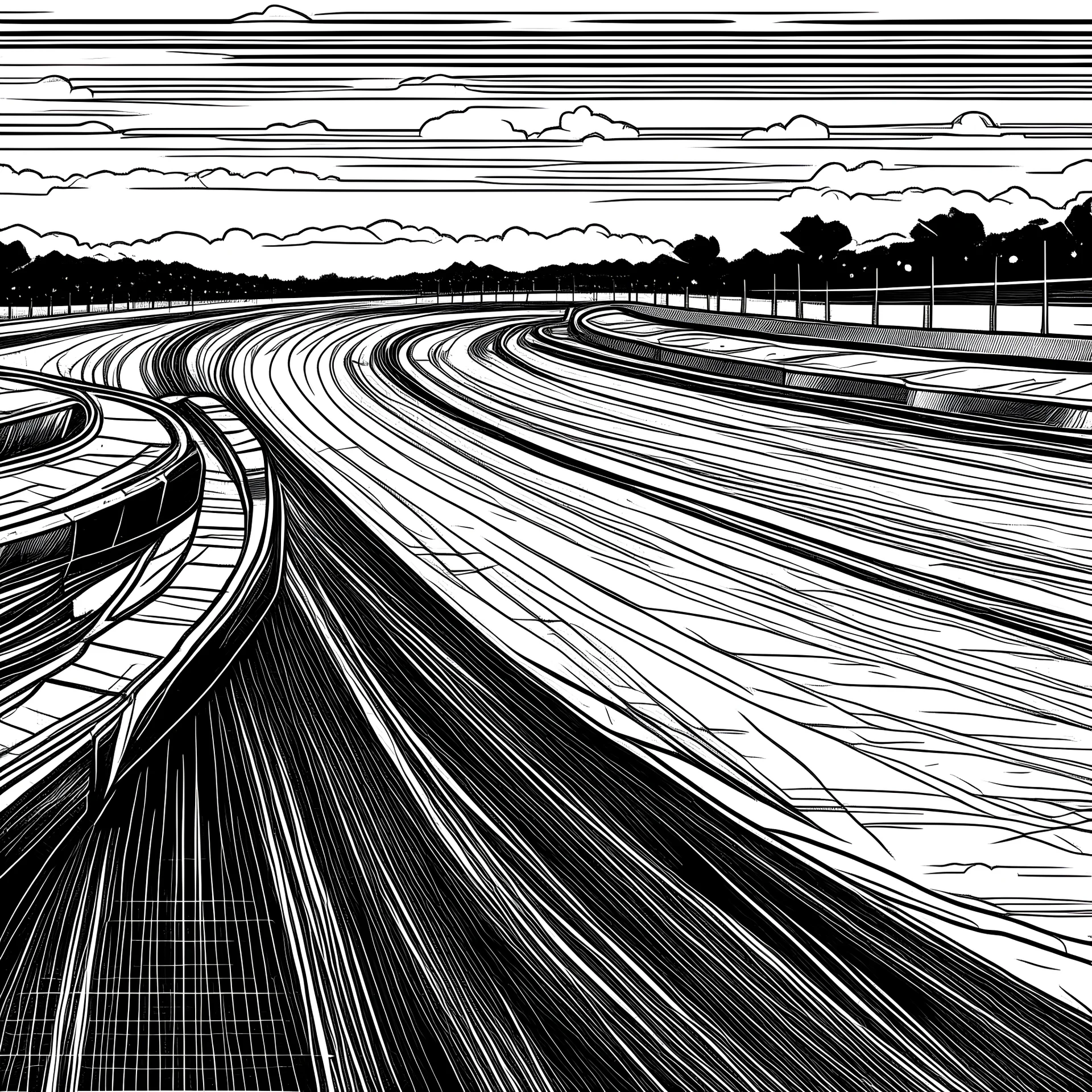 black and white landscape illustration of a race track pit lane