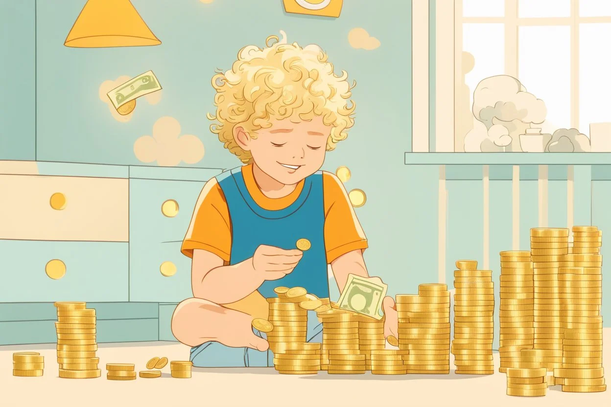 a curly-haired blond boy counts money and stacks gold coins in a modern nursery, in sunshine