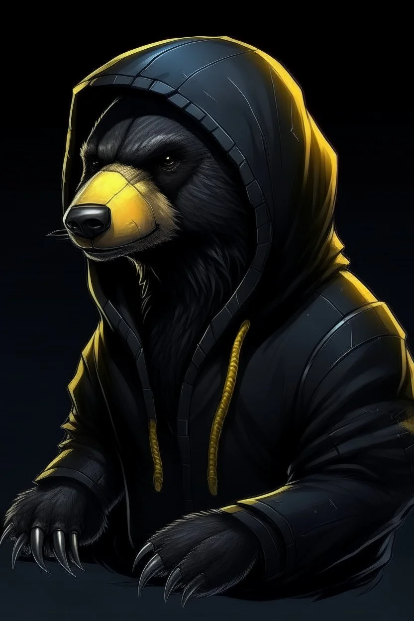 cyber punk honey badger wearing a black hoodie