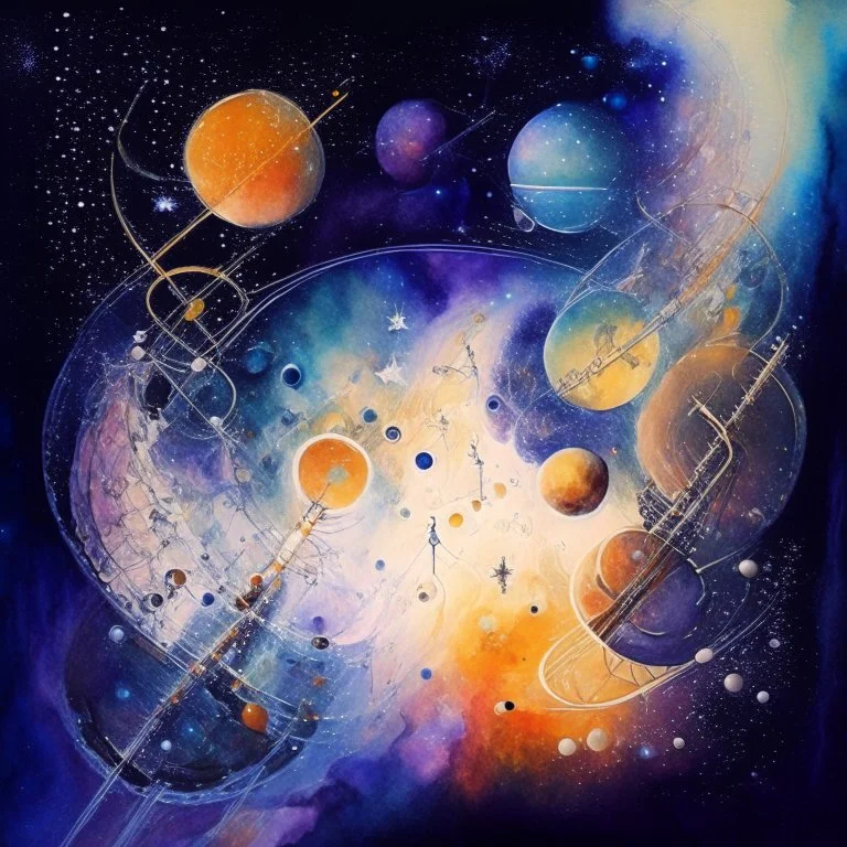 A watercolour painting,An orchestra of celestial bodies, where planets, stars, and galaxies form musical notes in space. The symphony of light and sound blurs the boundaries between the vast cosmos and the inner world of imagination.