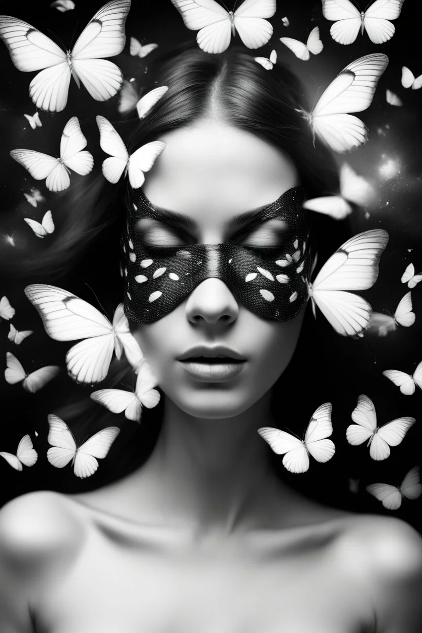abstract a face of beautiful girl with a mask of white Butterflys flying away in black and white
