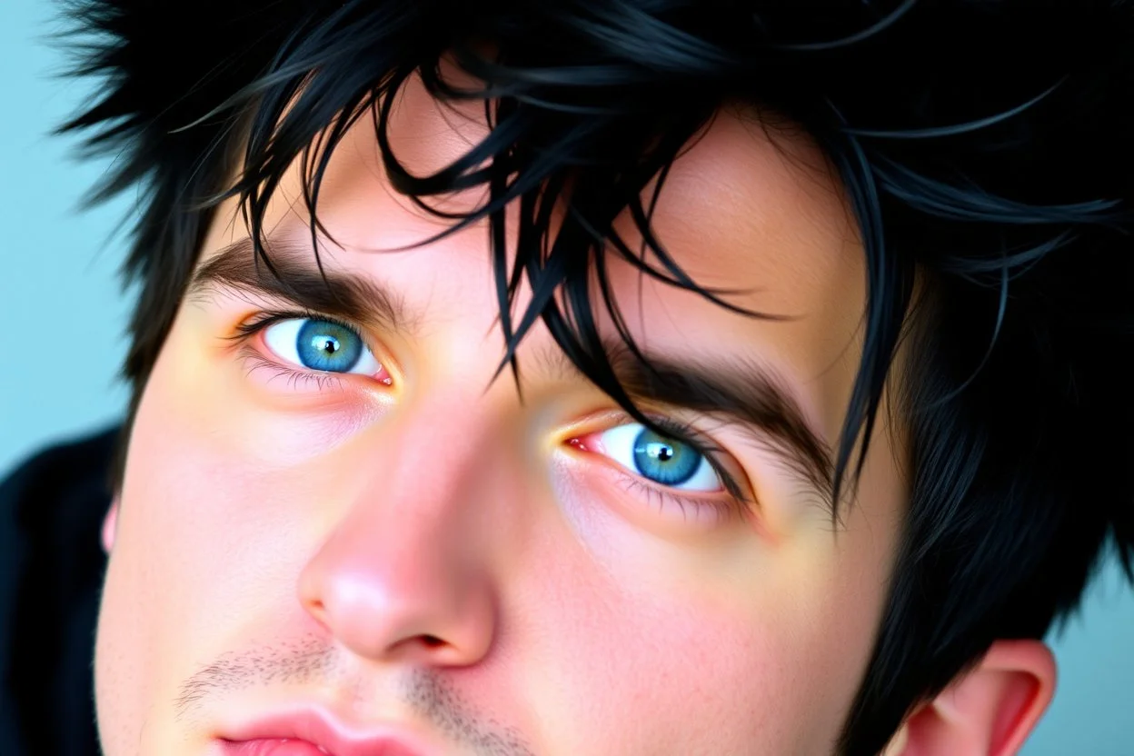 A man with messy black hair, black cat ears on his head, blue eyes.