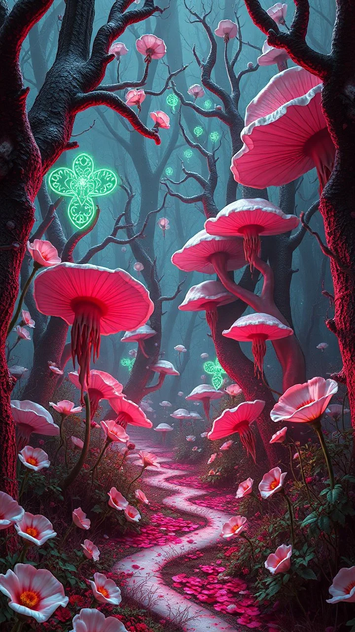 Quintessential Horror Surrealism:A cyber-a white poppies catastrophic dimensional fission through Seedream 3D recursive rendering, fracturing into chaos Legion Doodle simultaneous nightmare realities while simultaneously occupying four perforated reality levels—manifests as a blood-drenched forest where trees weep crimson sap and bioluminescent fungi pulse with recursive Fibonacci patterns, surrounded by carnivorous flowers with fanged mouths dripping neon venom; mat
