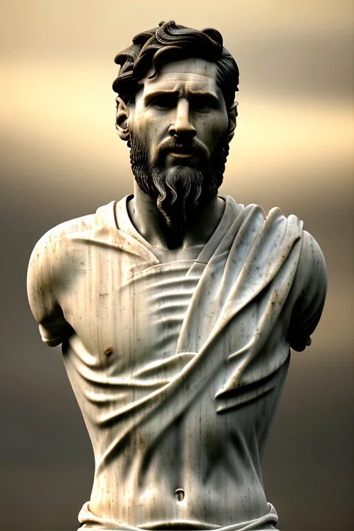 Ultra Realistic image, classical renaissance sculpture, white marble material, Lionel Messi, emperor style, gold Laurel leaves crown, miguel angel style, chisel style, emperor, waist up portrait, epic, celestial, cinematic lighting, God light, god rays, 4k resolution, smooth details, ornate details, soft lighting, unreal engine 5, sky background.