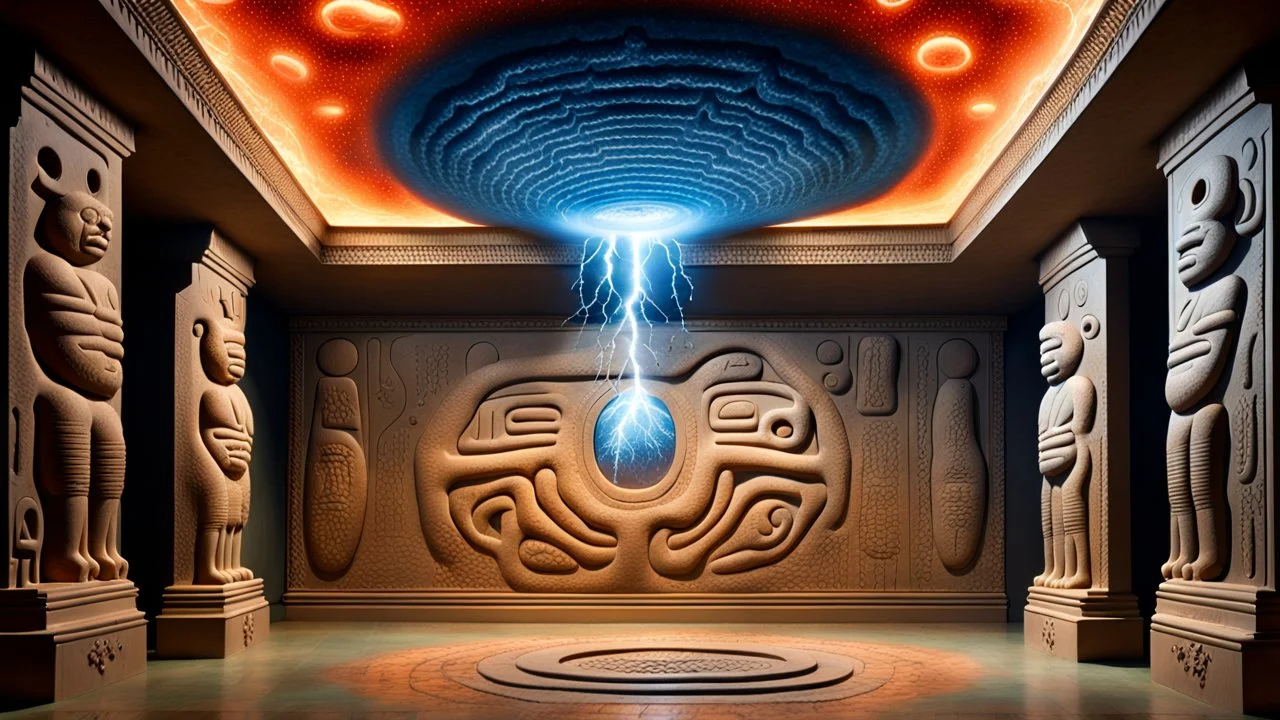 photorealistic strange paleozoic lifeform 3-foot praying "dimensional portal made of subatomic particles" in a gigantic Neanderthal jeweled palace hyeroglyphs on the walls, thunderbolt storm, strange paleozoic lifeform 3-foot praying