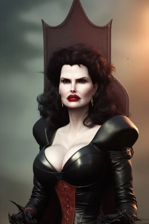 Geena Davis as evil queen in black leather, leather, busty, cleavage, angry, rage, stern look. character design by cory loftis, fenghua zhong, ryohei hase, ismail inceoglu and ruan jia. unreal engine 5, artistic lighting, highly detailed, photorealistic, fantasy