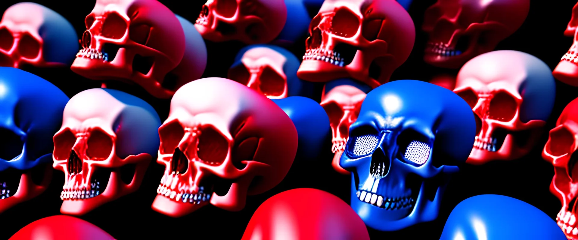 a picture of a dark, comedic, anatomically correct wall of red white and blue tightly packed stacked skulls of varying sizes and expressions, photo realistic, insanely meticulous, highly detailed, part of a collection of bones on display, 64k, dystopian, vray, anatomically correct, dystopian, horror, soviet retrofuturism