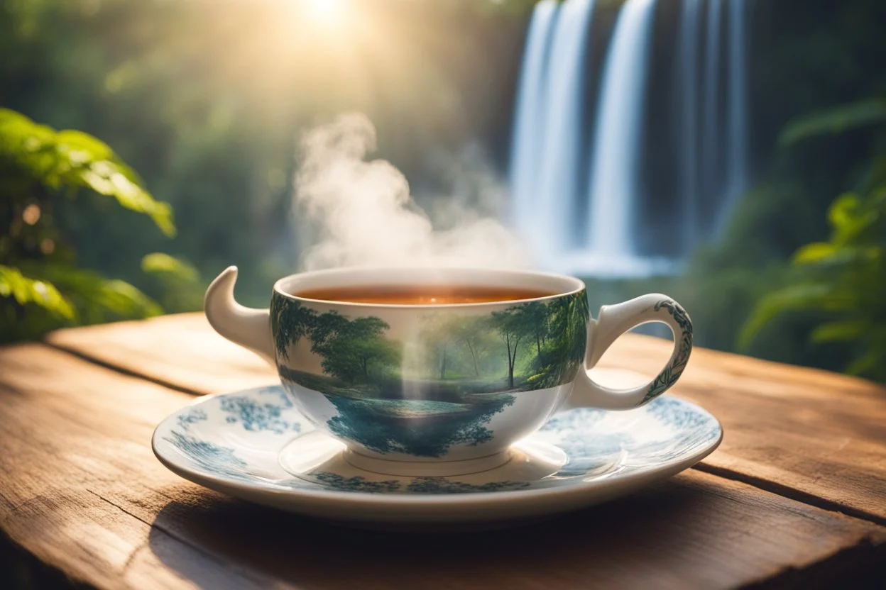 steaming tea in a beautiful china cup on a wooden table, rainforest and a waterfall in the distance in sunshine, ethereal, cinematic postprocessing, bokeh, dof