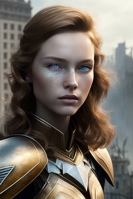 ultrarealistic, concept art, ruined city,__intricate fantasy armor__, no star, __angles__, 18 year old woman, strikingly beautiful,ginger hair, _colour_, (pale __skincolor__ skin:1.2), __camera__, _hair_, detailed face and eyes, medium breasts, sci-fi theme, freckles, dynamic pose, resolved expression, __accessory__, strappy outfit, (straps:1.1), sword in scabbard on left hip, (buckles, buttons, snaps, rings:1.0), haltertop style breastplate, detailed eyes, plump lips