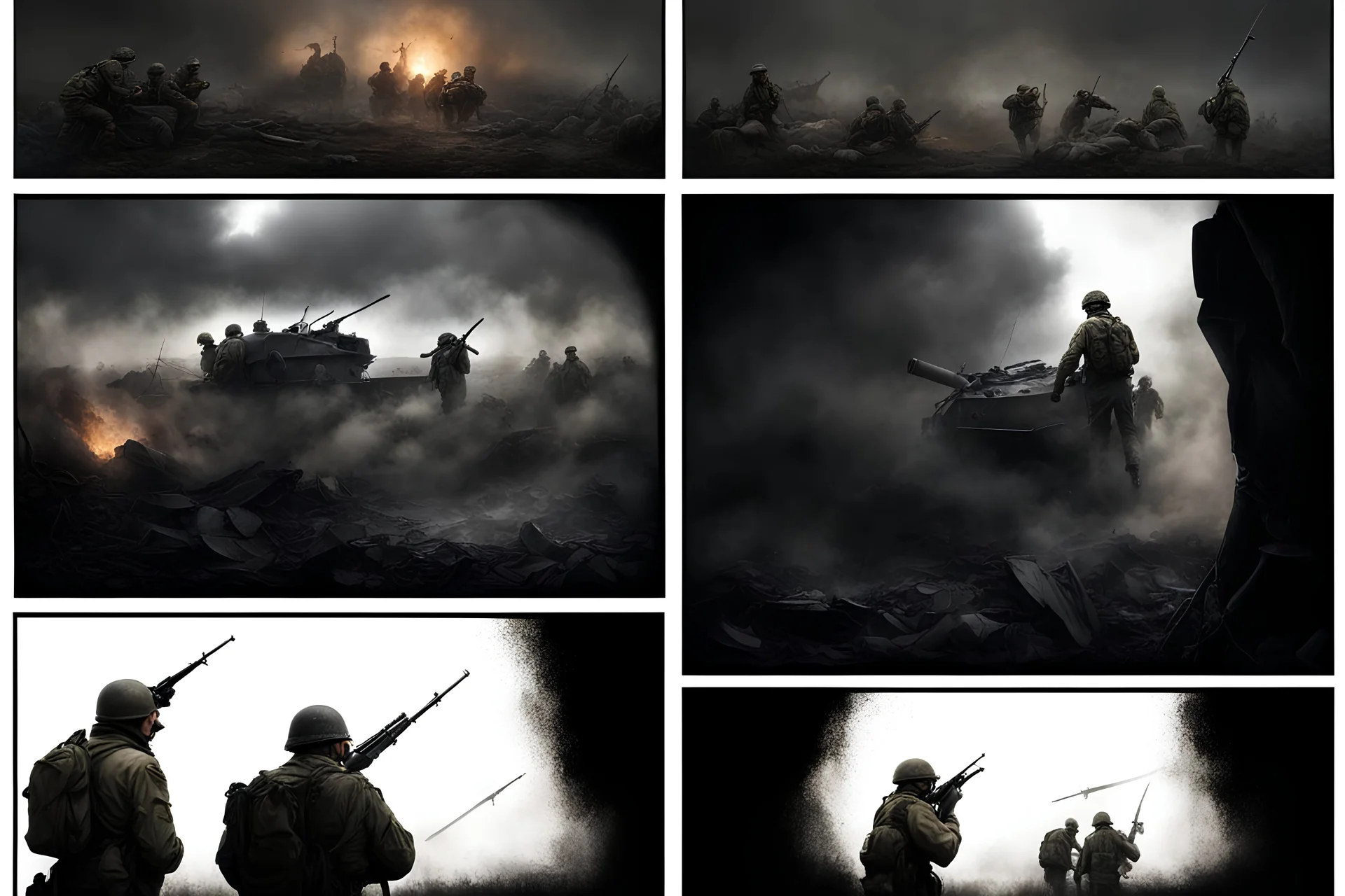 Masterpiece1:5)(Fineart), (award-winning:1.5), highest quality, (ultra realism:1.5) war journalism(,(by Tim Page and Hoorst Faas:1.5))(photorealistic:1.8), (Eastern Ukraine:(panel one:the moment after a battle ends, horrors of war, wounded men),(2nd panel, cinematic shot of men sitting in trench with 1000 yard stare (focus on their eyes:1.5)),(the third panel shows troops tired but hyper alert), (the fourth panel shows the sky is filled with incessant, fire and smoke,)