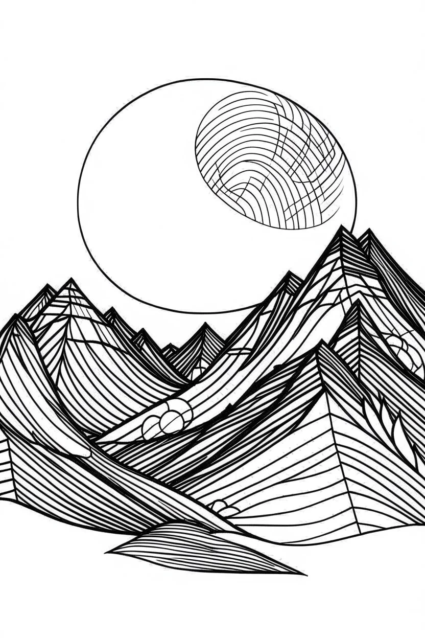 minimalist moutains with moon idea, line art, background, vector, svg, black outline on white background, leave plenty of white space beetween lines for coloring, tattoo style, tattoo idea,full body, minimalist