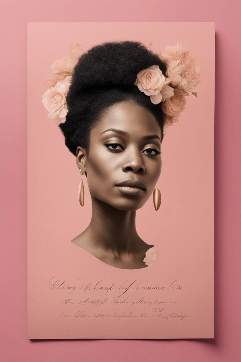 An extremely formal, funeral program written in French for a black woman (include a front photograph of a beautiful biracial black woman) on salmon pink deeply pigmented velvet paper with brilliant, brightest heavy golden greenish calligraphy fonts, simple, minimalistic, less element, very dramatic lighting