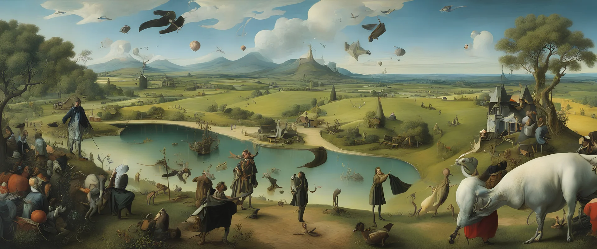 Salvador Dali & Hieronymus Bosch greet each other at an outdoor surrealist market, in a beautiful surreal outdoor countryside summer scene with fields & hedgerow, rolling hills, interesting dwellings, pathways & stairways, streams, waterfalls, waterwheels, & a flock of dream-like sky-fish fly high in the far distant sky : very high detail, photorealistic, epic cinematic, 8K, Large depth of field