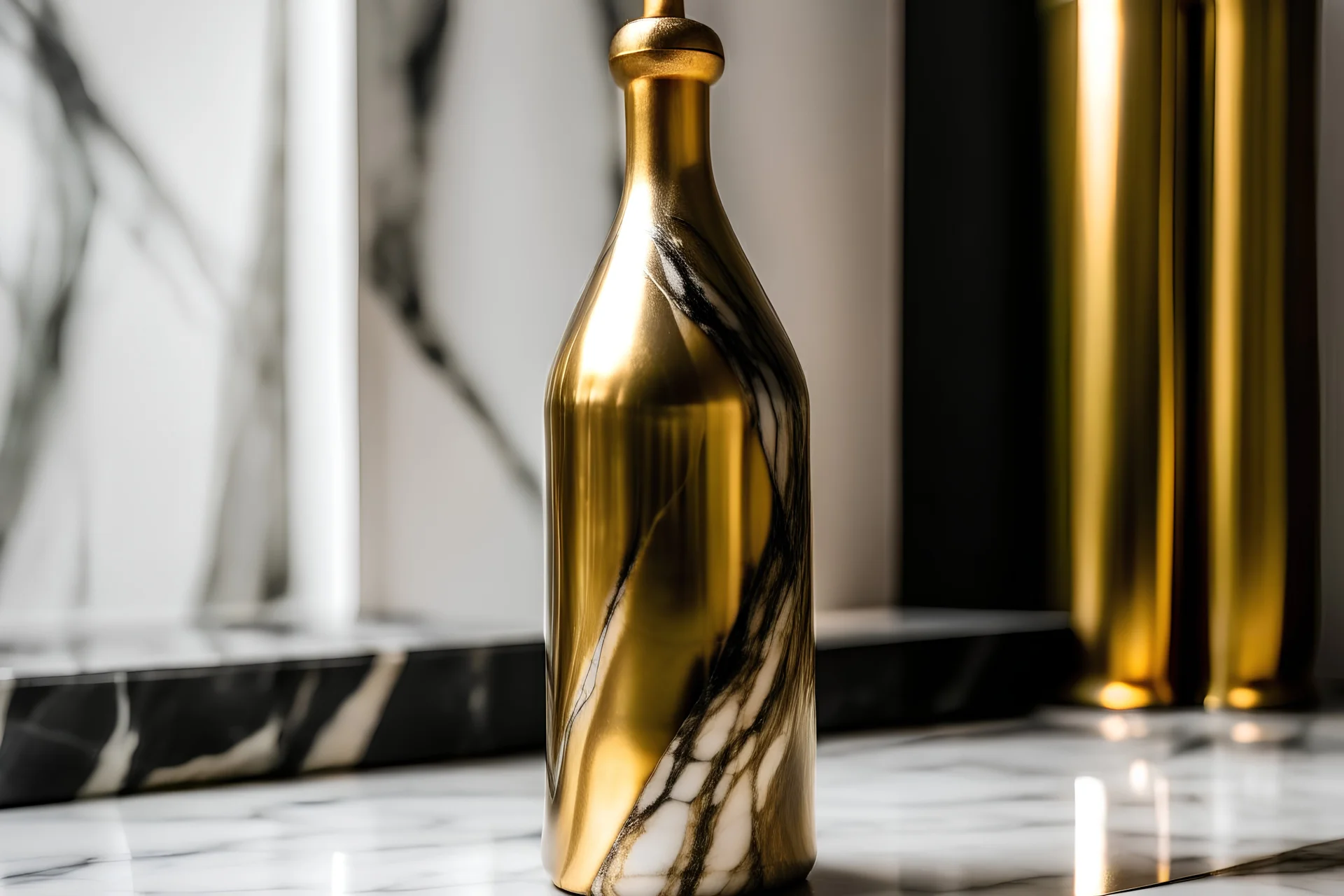 photographie d'une magnifique bouteille en or posée sur une table en marbre blanc zébré comme dans l'antiquité, comme sur l'olympe. Très précis, très intriqué, très stylisé, très propre et épuré, hd, 8k, effet octane