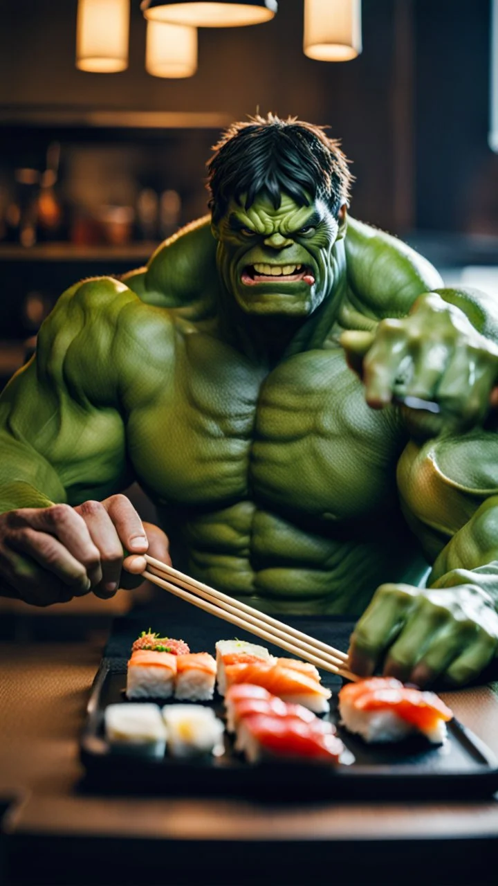 a hulk eating sushi with chopsticks, moody good best quality, full, beautiful light, raw photo, 8K UHD, police
