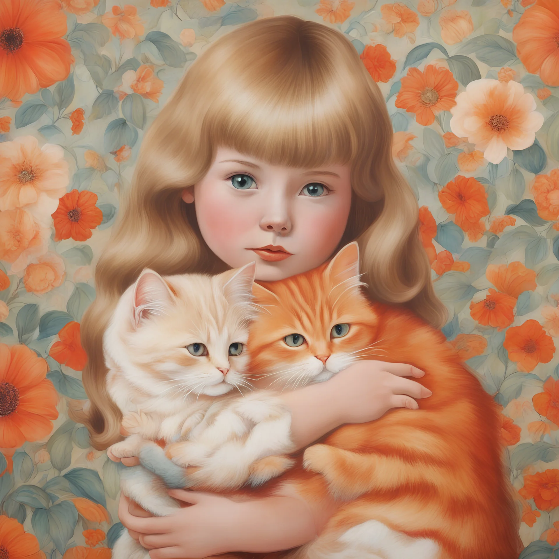 1970s, blond Little girl in red, long hair parted in the middle, hugging an orange cat called Marlon, in the style of Margaret Keane, flowered wallpaper,