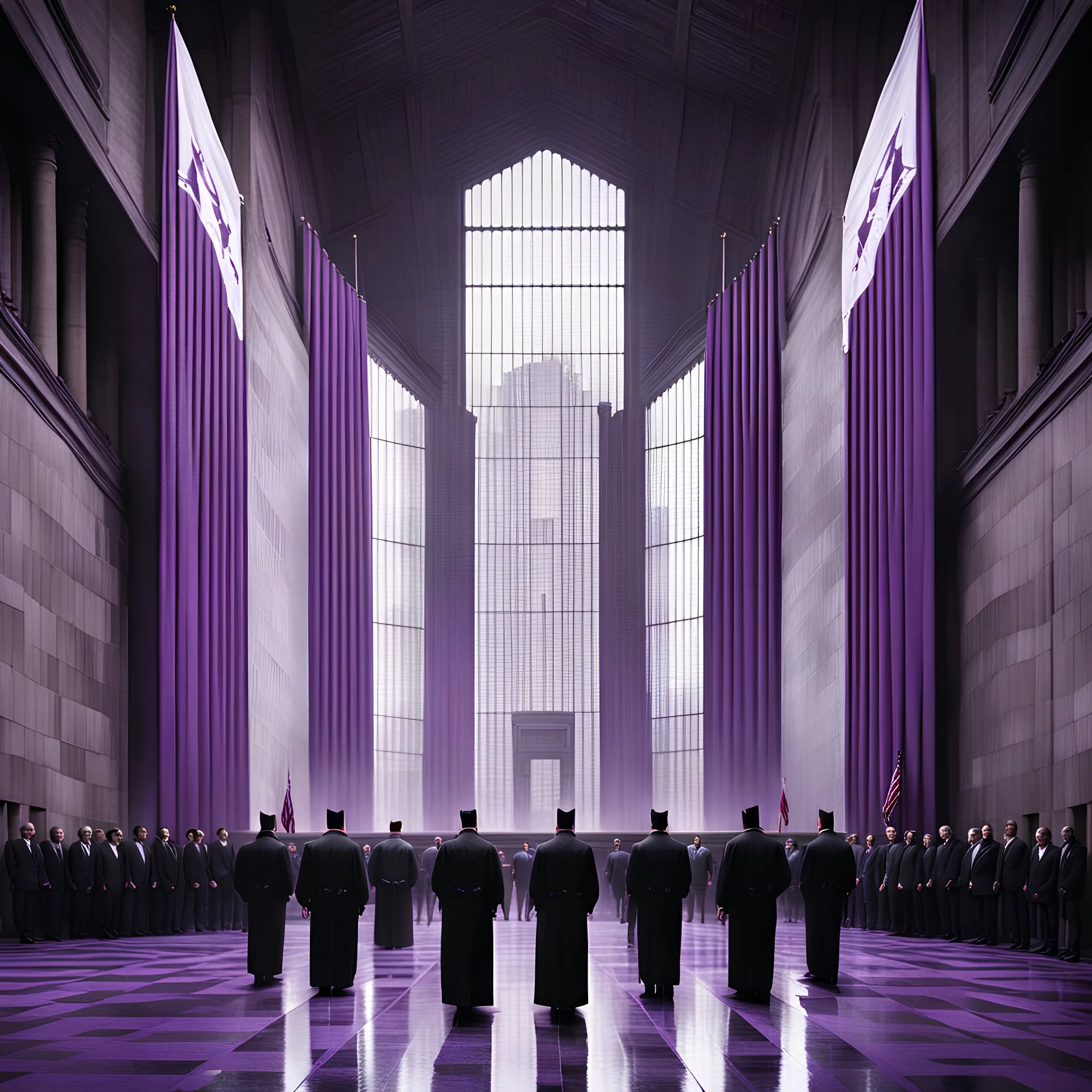 Dim brutalist imposing council hall with statesmen in black coverall uniforms and purple flags