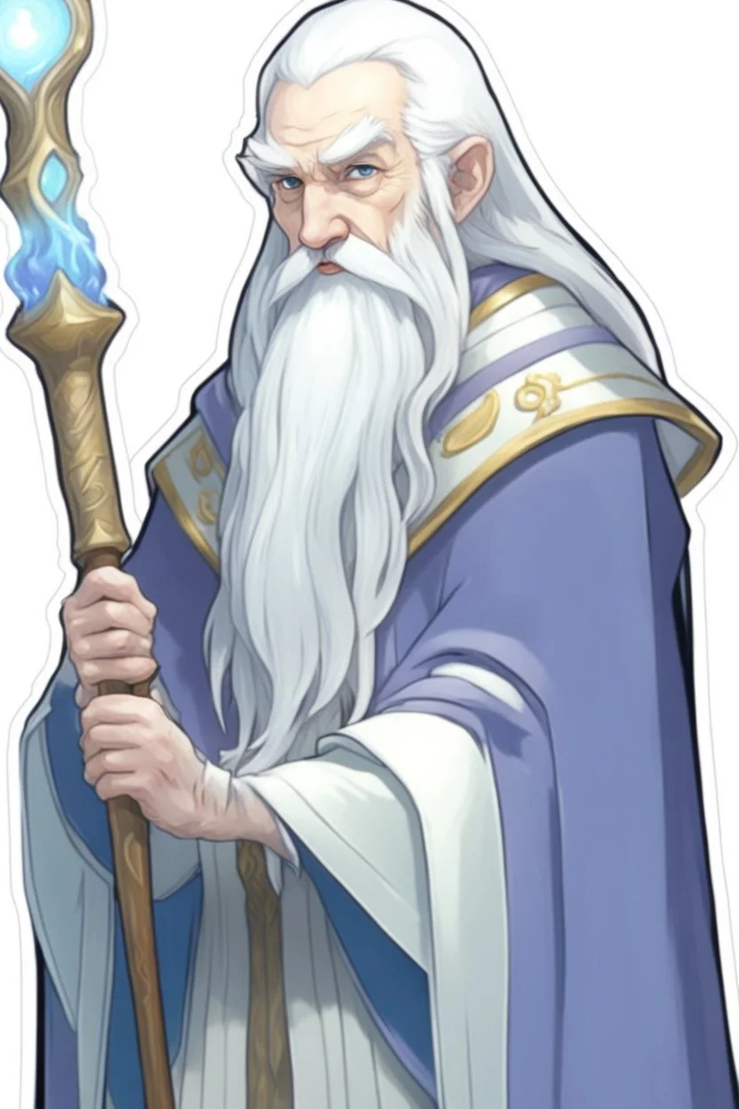 a drawing of a wizard holding a wand, by Kanbun Master, reddit, hurufiyya, he is a long boi ”, dwarf with white hair, discord profile picture, semi realistic