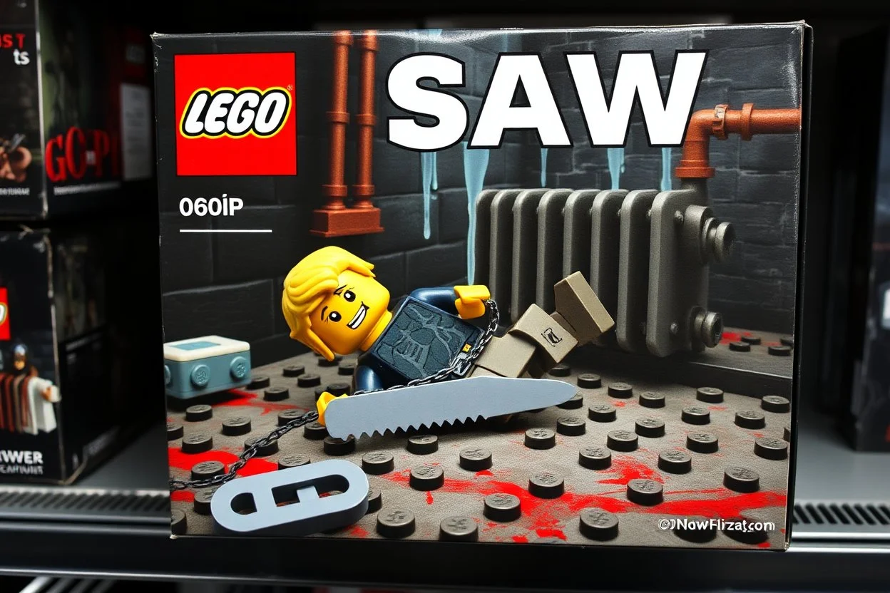 Lego box displayed for sale on a store shelf. Text: "SAW" as exact title on box across top in bold clear font. Extremely satirical dark scene showing Lego blonde haired male minifigure laying on the floor chained by leg to detailed Lego radiator in grimy abandoned boiler room. Pronounced raised pip textures on all Lego surfaces. Focus on gray Lego hacksaw on floor in foreground, just within minifigure's reach. Yellow minifigure with terrified expression. Rusty pipes and dripping water effects bu