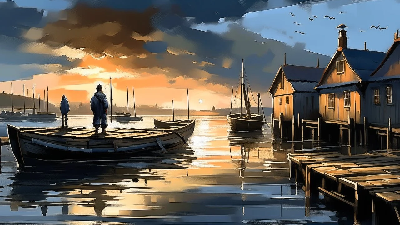 Un pequeño puerto pesquero inglés al amanecer después de una tormenta, con barcos antiguos varados junto a almacenes de ladrillo, charcos que reflejan el cielo y una hilera de casas modestas descendiendo hacia el agua. Una figura adulta camina por el muelle mientras las primeras luces atraviesan las nubes. Pintura paisajística atmosférica, pincelada expresiva pero controlada, perspectiva profunda, predominio de grises azulados, ocres y verdes apagados, humedad visible en las superficies, cielo d