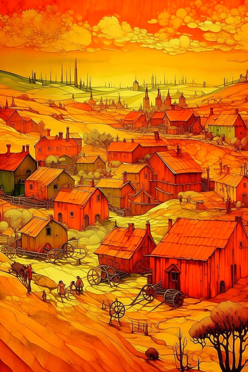 A orange colored village with a mechanical factory painted by Vincent van Gogh