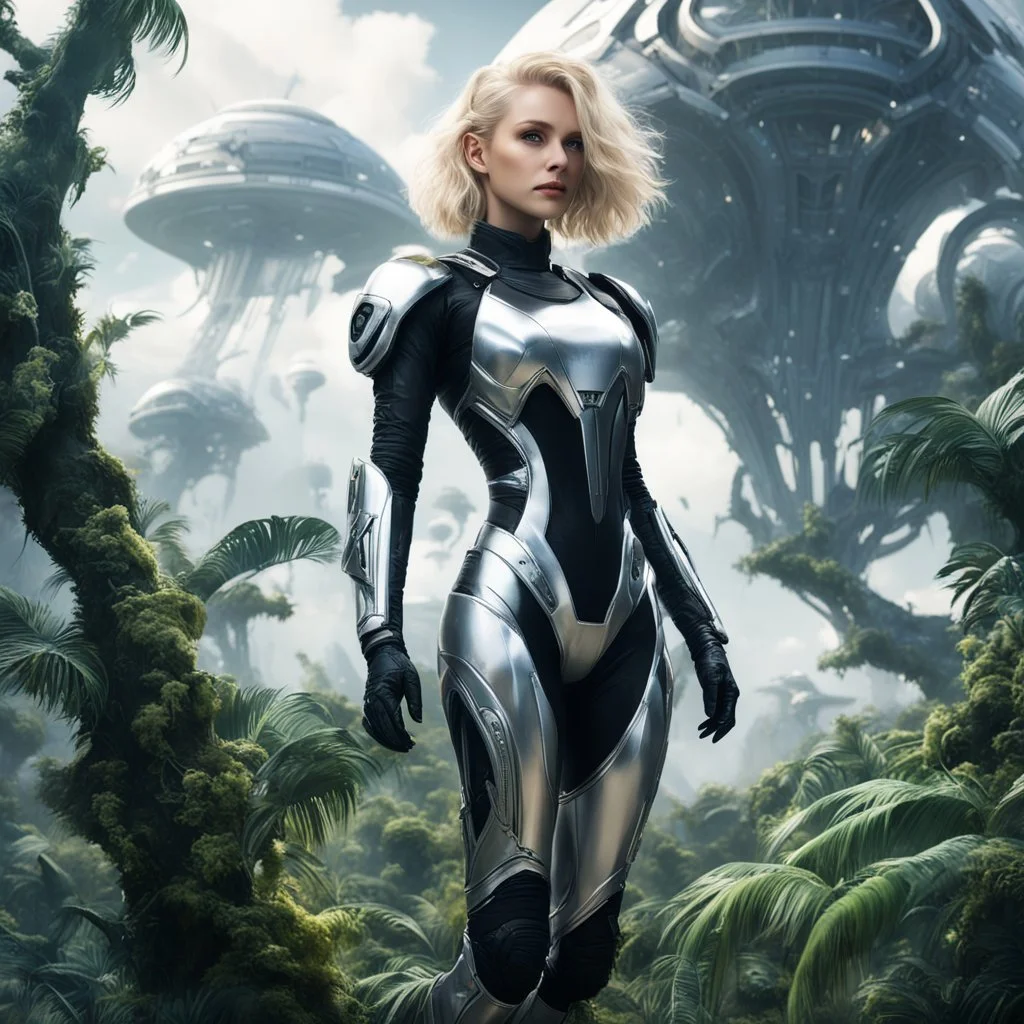 Photo of a slim sci-fi woman with blond hair, wearing a silver and black futuristic android-looking spacesuit, standing on an alien cloud tree jungle planet