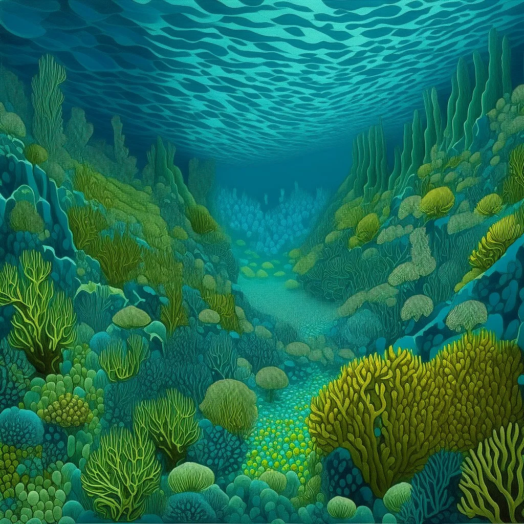 A greenish blue underwater coral reef near a cove painted by MC Escher