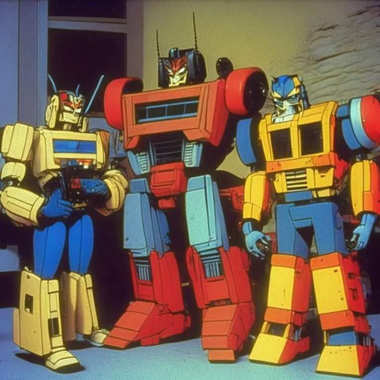 Optimus prime, bumblebee and ratchet at the radio station show, 1990 sitcom style tv show.