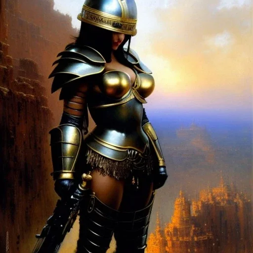 portrait 'Beautiful booty, Busty Blonde in black bra ',ancient metal armor and helmet ,painting by gaston bussiere, greg rutkowski, yoji shinkawa, yoshitaka amano, tsutomu nihei, donato giancola, tim hildebrandt, oil on canvas, cinematic composition, extreme detail,fit full head inside picture,16k