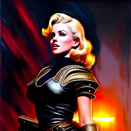 Drawing of beautiful face,'beautiful,Busty blonde Mags Black(fallout4)',intense stare, ancient skintight armor, balanciaga fashion clothe painting by gaston bussiere, greg rutkowski, yoji shinkawa, yoshitaka amano, tsutomu nihei, donato giancola, tim hildebrandt,kyuyong-eom, Oil on canvas, cinematic composition, extreme detail,fit full head inside picture,16k